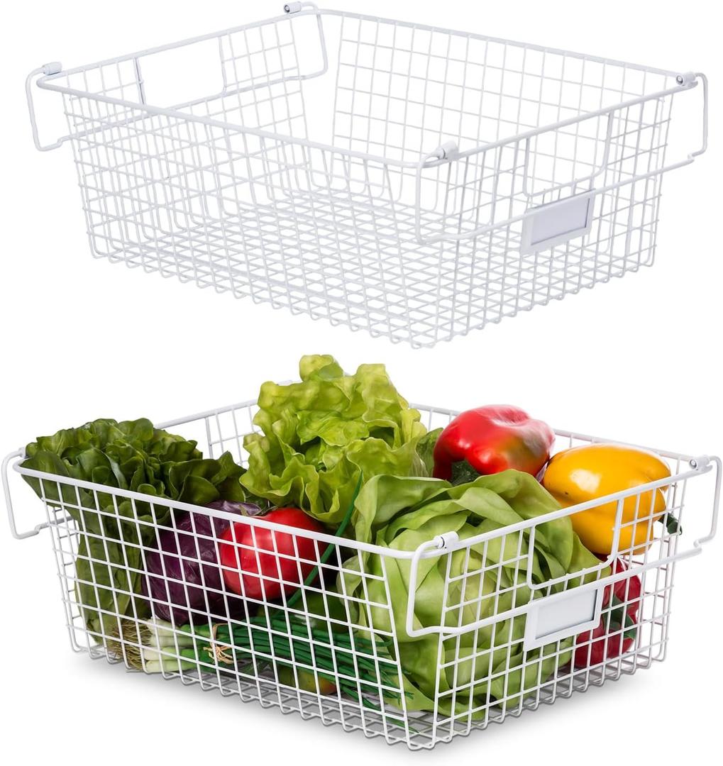 Granrosi Extra Large Stackable Wire Baskets for Organizing Set of 2 White Wire Storage Baskets with Handles; Snacks & Chips Organizer for Pantry; XL Metal Storage Bins for Pantry