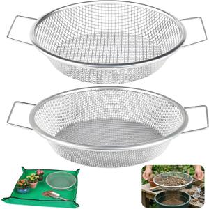 2PCS Soil Sifter for Gardening with Handle,Stainless Steel Rock Compost Soil Sifter for 5 Gallon Bucket,1/4in,1/8in Mesh Garden Sifting Screen Gravel Sawdust Vermicompost with Repotting Mat
