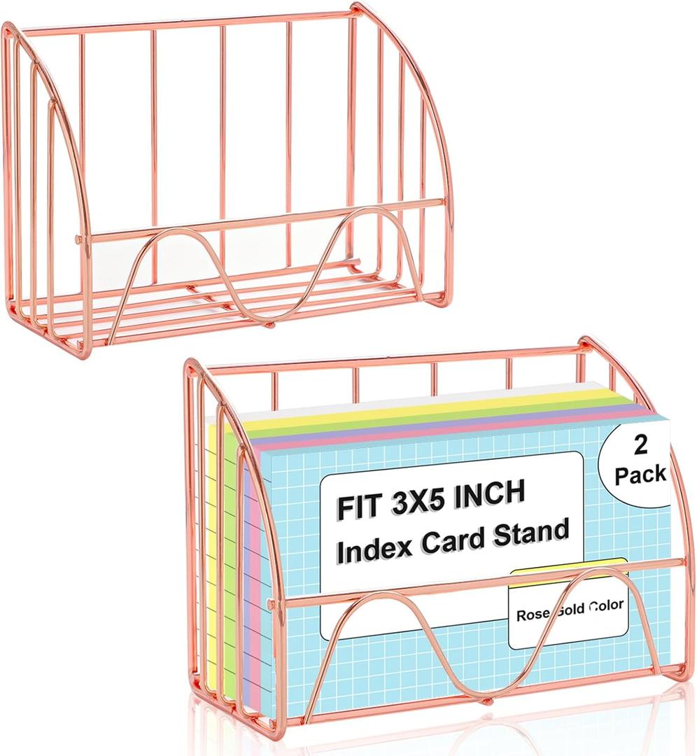2 PCS Index Card Display Stand 3x5 Inch Business Card Stand Gold Metal Index Card Holder Greeting Cards Holders Capacity 200 Sheets Business Cards Organizer Desk Table Home Office (Rose Gold)