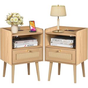 Rattan Nightstand with Charging Station, Mid Century Modern Bed Side Table, Boho End Table with Wood Legs, Bedside Tables for Farmhouse Bedroom Living Room Dorm Sofa Couch Office Corner (2, Natural)