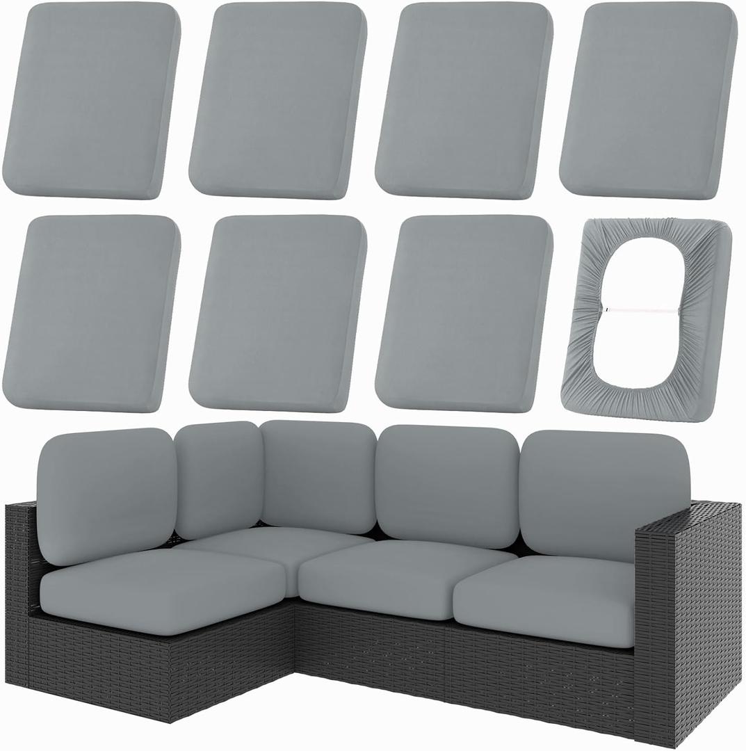 hyha 8Pcs Patio Cushion Covers, Stretch Outdoor Couch Cushion Covers Replacement, Washable Outdoor Chair/Sofa Slipcovers for Patio Furniture Cushions Protector with Elastic Bottom(Gray,Cover Only)