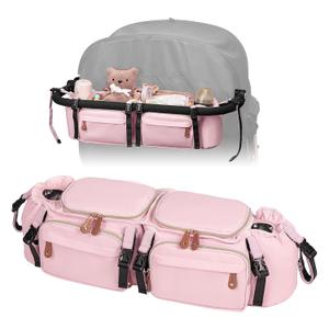 Double Stroller Organizer for Bob Duallie and Baby Jogger City Mini GT2, Double Stroller Caddy Organizers with Cup Holder and 2 Cooler Pockets Parent Console Double Stroller Accessories (Pink)