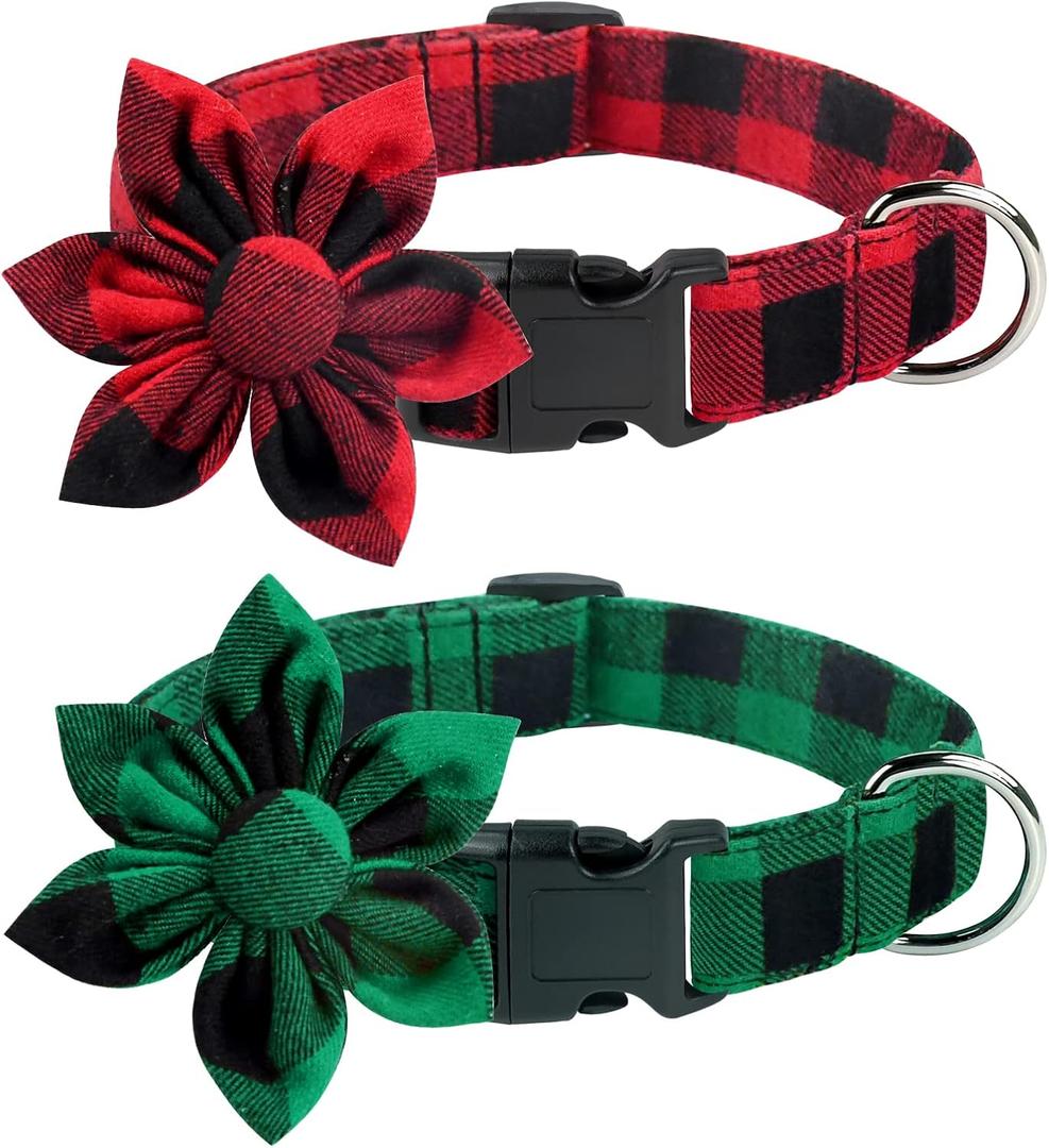 Malier 2 Pack Christmas Dog Collar with Flower, Classic Buffalo Plaid Dog Christmas Collar with Durable Buckle Pet Collars for Small Medium Large Dogs Cats Pets (Plaid Green & Red, Medium)