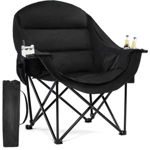 Oversized Camping Chairs for Adults - Heavy Duty Padded Outdoor Folding Lawn XL Camp Chair with Cup Holder Cooler Pockets for Outside Sports Beach Fishing Garden Portable Supports 500lbs, AllBlack 