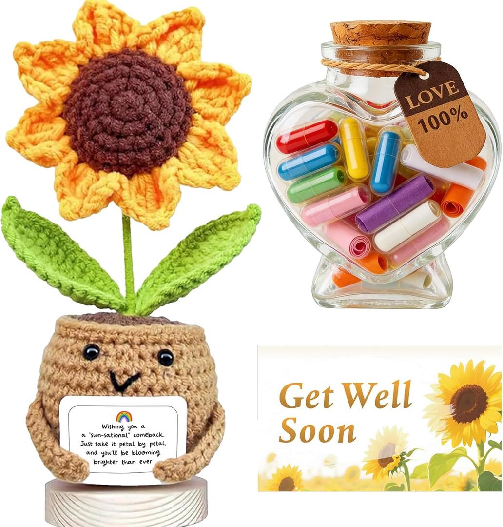Get Well Soon Gifts Care Package,Knitted Positive Crochet Sunflower & Capsule Letters Message Bottle with Card, Sending Sunshine Feel Better Box for Women Men Friend After Surgery Recovery