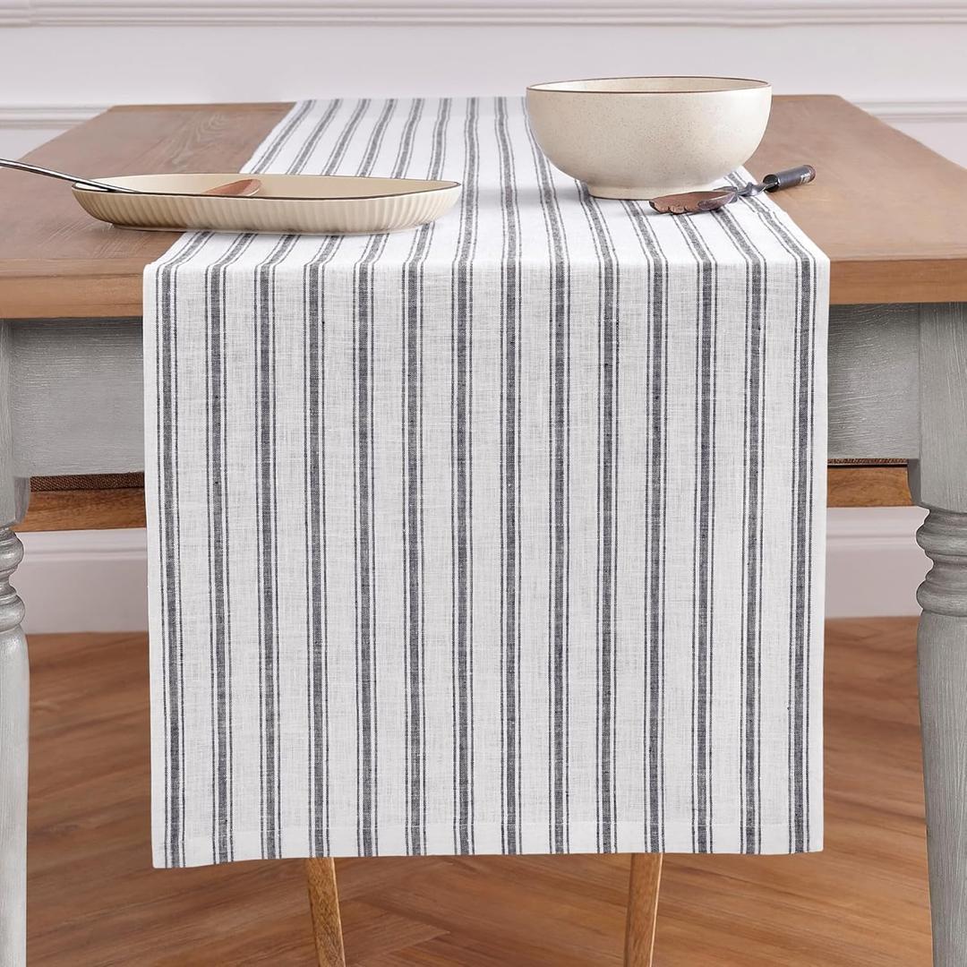 Solino Home Linen Table Runner 120 Inches Long - Capri Ticking Stripe, 100% Pure Linen Black and White Farmhouse Table Runner 18 x 120 Inch for Dining, Spring