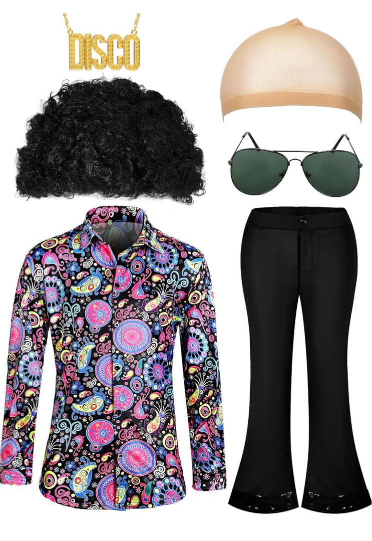 Mepase 6 Pcs Men 70s Disco Costumes Include Retro Shirt Bell Bottom Pants Wig Sunglasses Necklace Wig Cap for Disco Party
 XL