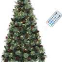 YITAHOME 7.5ft Prelit Carolina Pine Christmas Tree with Remote, Artificial Green Hinged Christmas Tree w/ 1200 Mixed Tips, Pine Needles, 45 Pinecones, 48 Red Berries, 400 Lights & 11 Modes