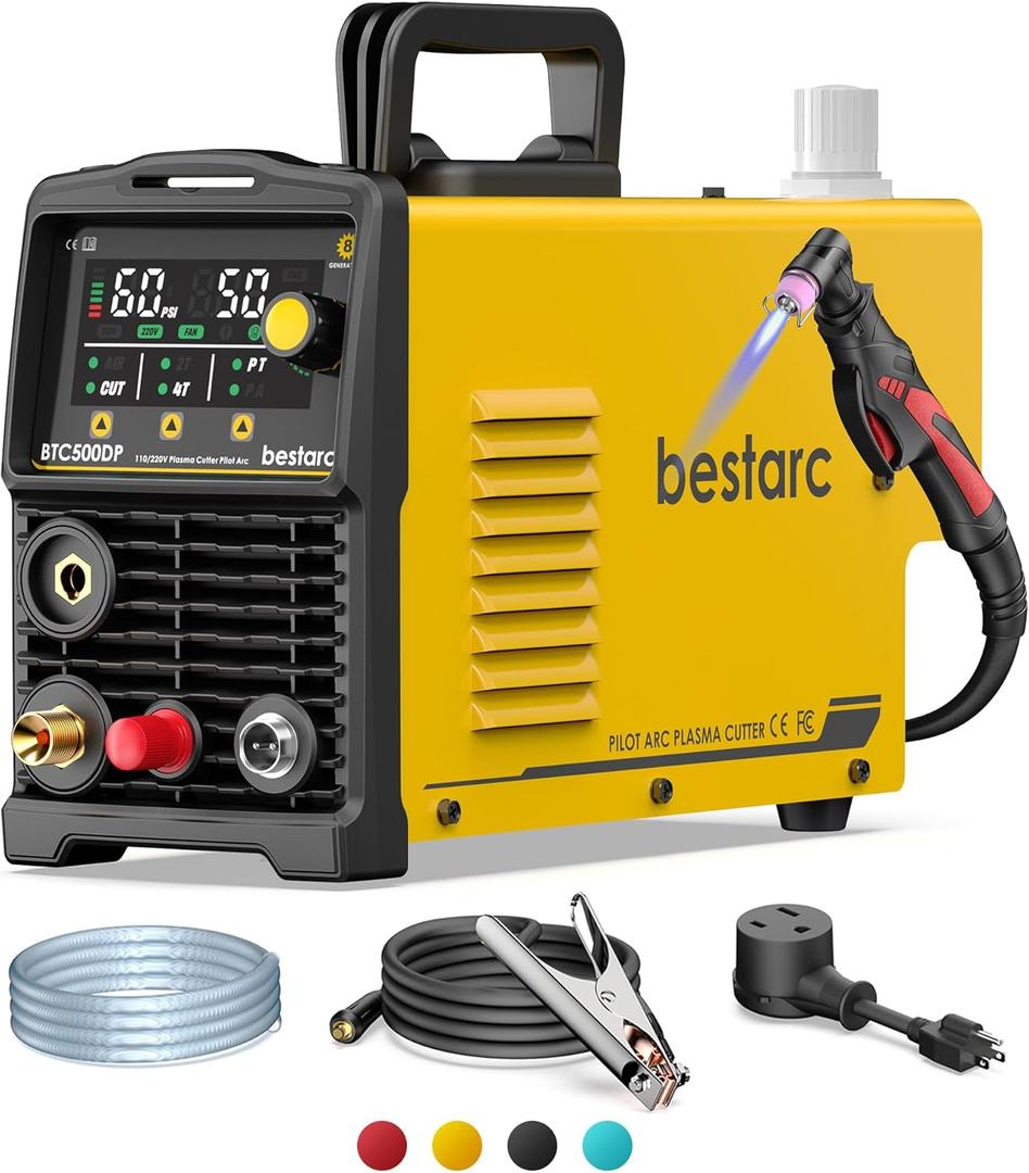 bestarc Pilot Arc Plasma Cutter, [LED Display][Air Sensor] 50A Plasma Cutter Machine 110/220V Dual Voltage, 1/2'' Clean Cut 3/4 Inch Max Cut, Post Flow Mesh, 2T/4T for Beginners DIY, Yellow