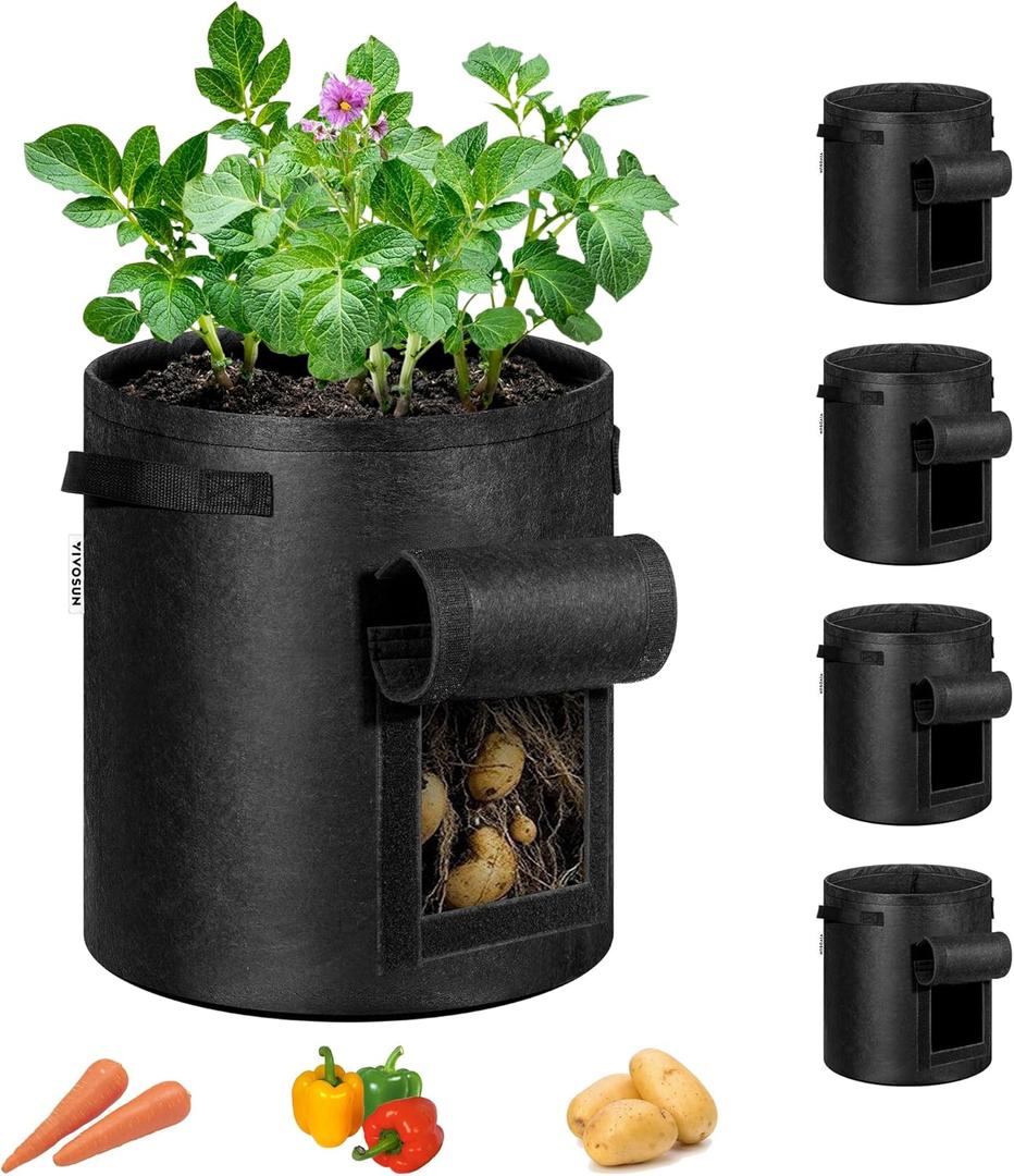 VIVOSUN 5-Pack 10 Gallon Potato Grow Bags for Growing Potatoes, Fabric Potato Pots with Handle and Roll-up Window, Potato Growing Containers Potato Planter Potato Planter for Growing Potatoes, Black