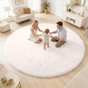 OLANLY Ivory Round Rugs for Bedroom - Machine Washable, 8 ft Circle Area Rugs for Living Room, Soft and Fluffy Shaggy Carpet for Teen Girls and Boys, Nursery Rooms, Dorms, Home Decor Aesthetic