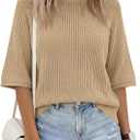 Saodimallsu Womens Short Sleeve Sweaters Crochet Knit Casual Crew Neck Lightweight Summer Trendy Sweater Tops (Beige)