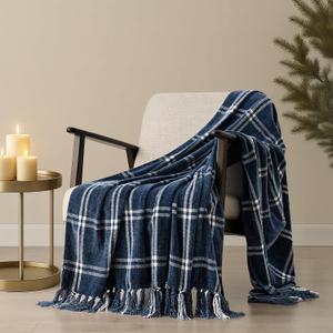 EverGrace Plaid Chenille Throw Blanket for Couch, Super Soft Cozy Decorative Windowpane Grid Plaid Throw with Tassels, Lightweight Chenille Knit Throw for Bed Sofa Gift, Navy & White 50x60