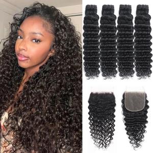 Deep Wave Human Hair Bundles with Closure 20 22 24 26+18 Inch 5x5 HD Lace Closure 15A Deep Curly 4 Bundles Human Hair More Full and Thick 100 Brazilian Virgin Wet and Wavy Water Wave Bundle Human Hair
