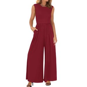 BTFBM Womens Casual Jumpsuits Dressy 2026 Spring One Piece Outfits Crew Neck Sleeveless Knit Wide Leg Pants Romper Beach(Wine Red, Medium) (M)