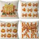 Fall Pillow Covers 18x18 Inch Set of 4 Pumpkin Maple Leaves Bow Decorative Throw Pillow Cases Autumn Harvest Soft Pillowcase for Home Farmhouse Living Room Decor