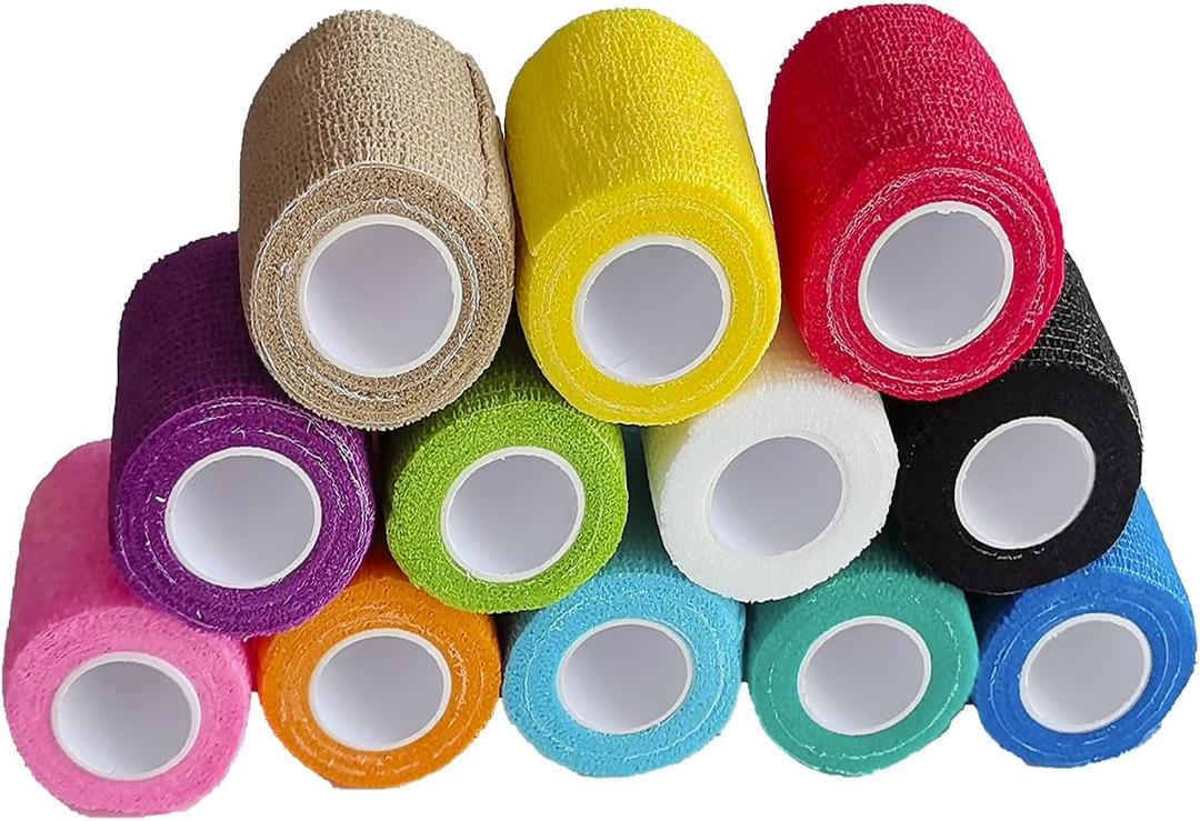 12 Pack Self Adhesive Elastic Bandage Wrap,Color Athletic Tape, Vet Wrap | 2" X 5 Yards, Multiple Colors For Finger, Wrist, Ankle Injury Or Swelling Emergency Binding, Animal Limbs Injured Wrapped