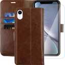 MONASAY Wallet Case Compatible for iPhone XR, 6.1-inch, [Glass Screen Protector Included] [RFID Blocking] Flip Folio Leather Cell Phone Cover with Credit Card Holder, Brown