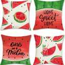 Bonhause Watermelon Throw Pillow Covers 18 x 18 Inch Seasonal Summer Red Green Fruit Juice Home Sweet Home Decorative Polyester Linen Cushion Cases for Sofa Couch Home Decor Set of 4