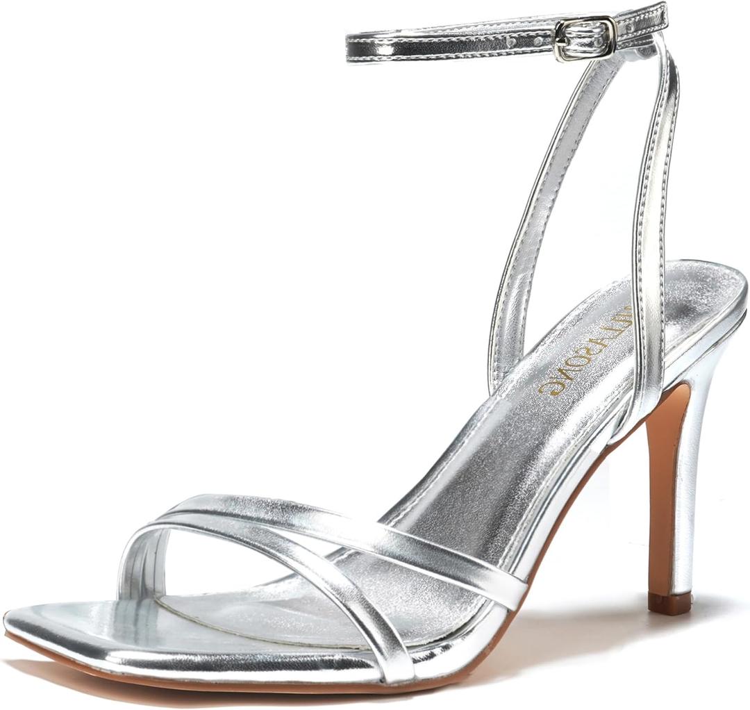 LULLASONG Women's Heels Strappy Ankle Strap High Heels 3.5 Inch Heeled Square Open Toe Sandals for Women, 7, Silver