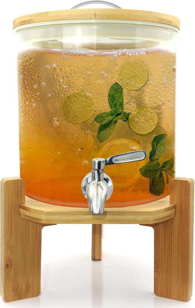 Glass Beverage Dispenser with Stand, 1.5 Gallons Glass Drink Dispenser-Beverage Dispenser with Wood Stand, Stainless Steel Spigot for Parties,Bars,Restaurants