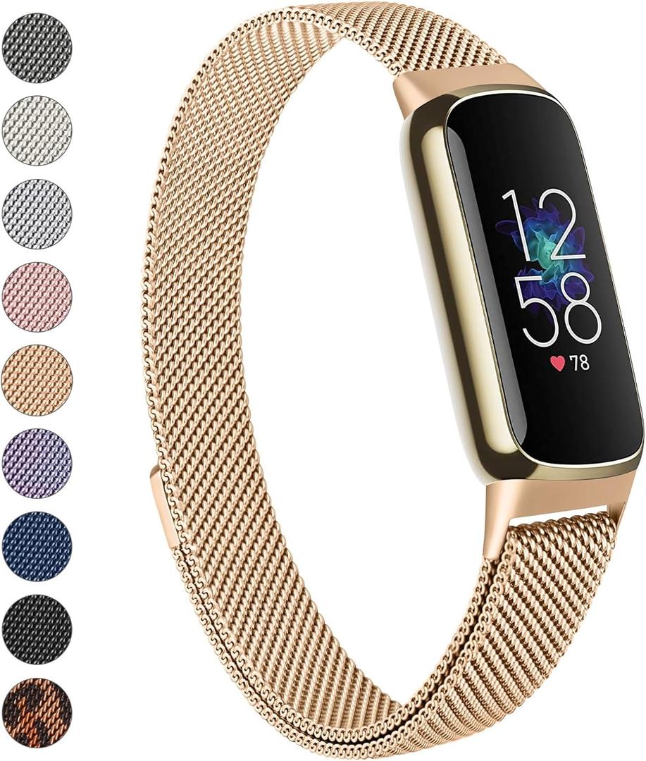 Meliya Metal Band Compatible with Fitbit Luxe Bands Women Men, 2 Pack Stainless Steel Mesh Loop Adjustable Wristband Replacement Strap for Fitbit Luxe Fitness Tracker (Rose Gold)