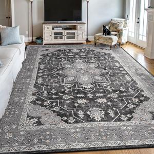 FlyDOIT Vintage Area Rugs for Living Room, 8x10 Grey Floral Medallion Washable Rug for Bedroom, Faux Wool Ultra Soft Retro Accent Rug, Non Slip Indoor Carpet for Kitchen Office Dining Room Decor