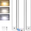 Under Cabinet Lighting Wireless,Rechargeable Battery Motion Sensor Light Indoor,LED Closet Lights USB Charging,3 Color Dimmable Under Cabinet Lights for Kitchen, Cabinet, Wardrobe (3 Pcs)12in
