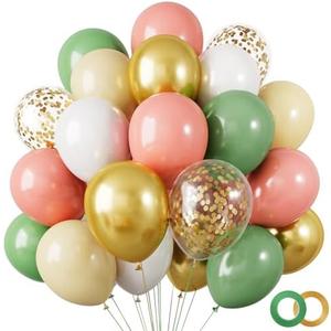 RUBFAC 80Pcs 12 Inches Retro Green Balloons, Sage Green White Gold Confetti Balloons Olive Green Dusty Metallic Gold Latex Balloons Set for Birthday Baby Shower Wedding Party Decoration