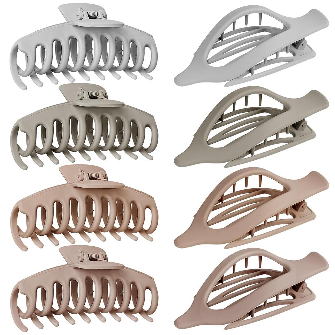 Flat Hair Claw Clips: 8 Pack 4.3 Inch Neutral Matte French Concord & Large Round Claw Clips Set for Women with Thick/Thin Hair, Non-Slip Extra Hold Jaw Clips for Lay Down/Drive/Daily Use