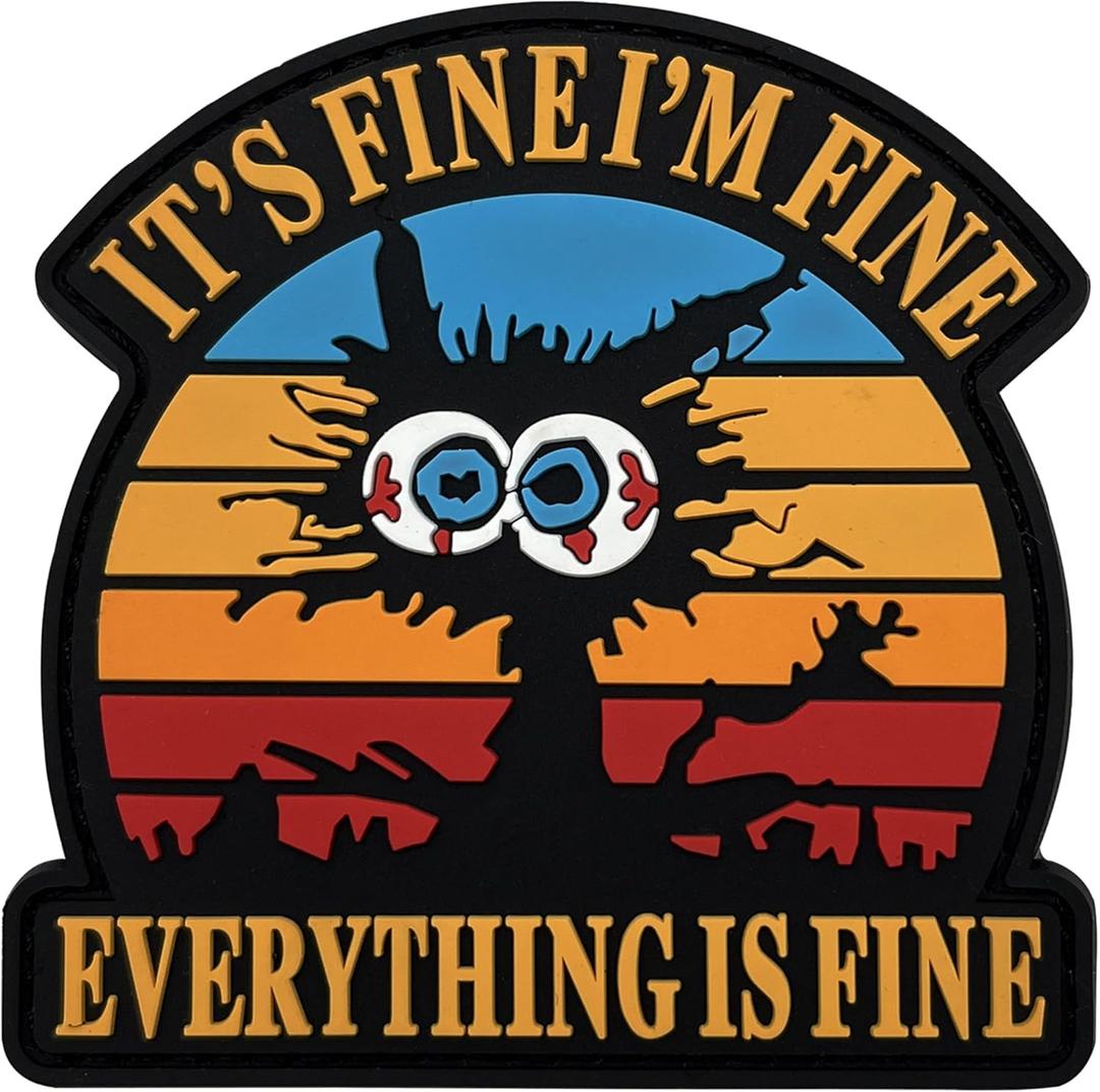 3 x It's Fine I'm Fine Everything is Fine 3D PVC Rubber Hook Loop Patches, Funny Fine Cat Kitten Humor DIY Patch, 2.95" x 2.95" Sized, Tactical Morale Badge Decal Patch