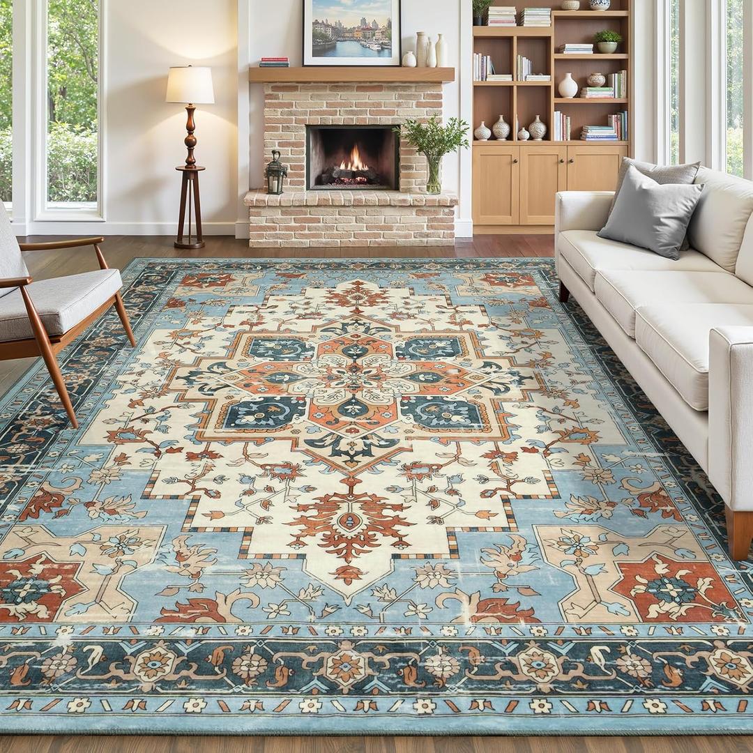 8x10 Area Rugs for Living Room, Machine Washable Non Slip Carpet, Large Vintage Floral Aesthetic Rug, Bedroom Decor, Nectar, Orange/Blue