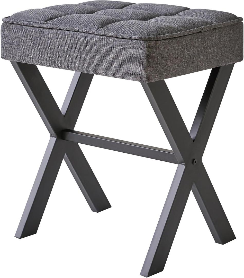 IBUYKE Square Makeup Stool with X-Leg Foot Rest, Linen Footrest, Ottoman Seat, Multi-Use as Small Side Table, for Bedroom, Living Room, Dark Gray LG-70G (17.72"-Linen)