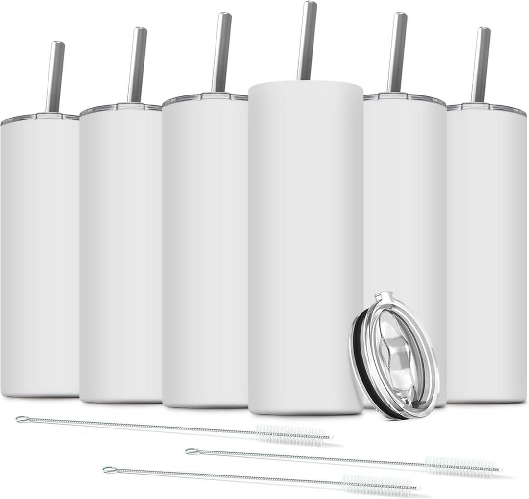 6 Pack Stainless Steel Skinny Tumbler, 20 OZ Double-Insulated Water Tumbler Cup with 6 Straw and 3 Brush, Vacuum Travel Mug Gift for Hot Cold Drinks with Cleaning(White)