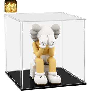 LANSCOERY Acrylic Display Case, 8x8x8 in, Upgraded Thickened UV-Resistant Showcase, 98% Clarity Dustproof Box with Glossy Black Base for Action Figures, LEGO & Models, Includes Scraper & LED Light
