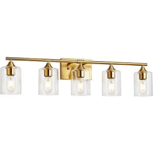 5 Light Bathroom Vanity Light Brushed Gold,32" Bathroom Light Fixtures,Gold Wall Sconces for Living Room Bedroom,E26 Base
