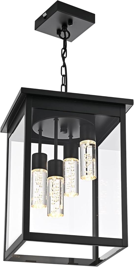 Large 5CCT LED Outdoor Pendant Light Fixtures, Black Exterior Hanging Lantern Lamp LED Integrated Bulbs Included, Farmhouse Exterior Chandelier Ceiling Mount for Entrance Patio