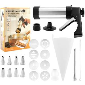 Churro Maker Machine,Stainless Steel Churro Maker Kits Including 8 Discs Nozzles,8 Churro Piping Tips,Cleaning Brush,Filling Piping Bag,for Homemade Different Shape Churros,Cookie