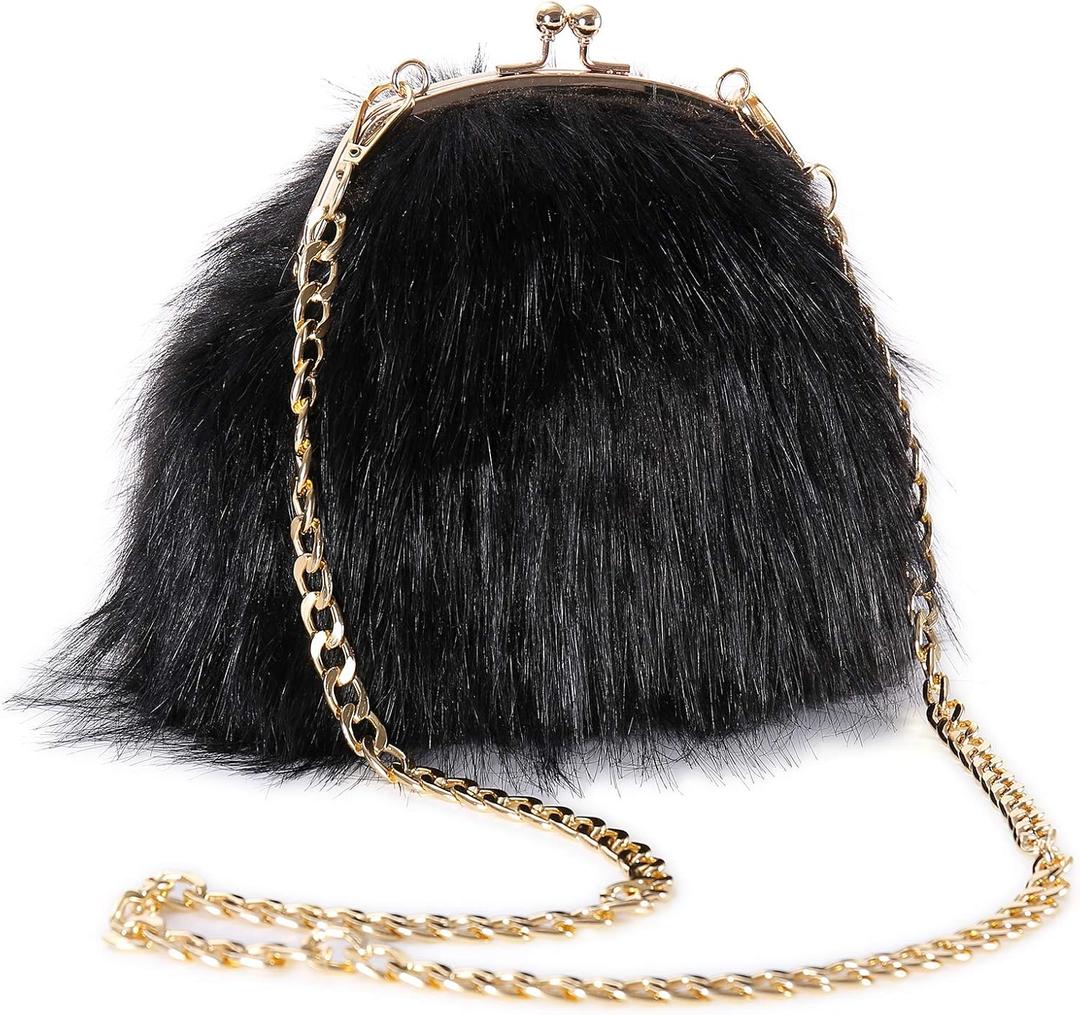 FHQHTH Faux Fur Purse Fashion Clutch Handbag Shoulder Vintage Evening Bags for Women (Black)