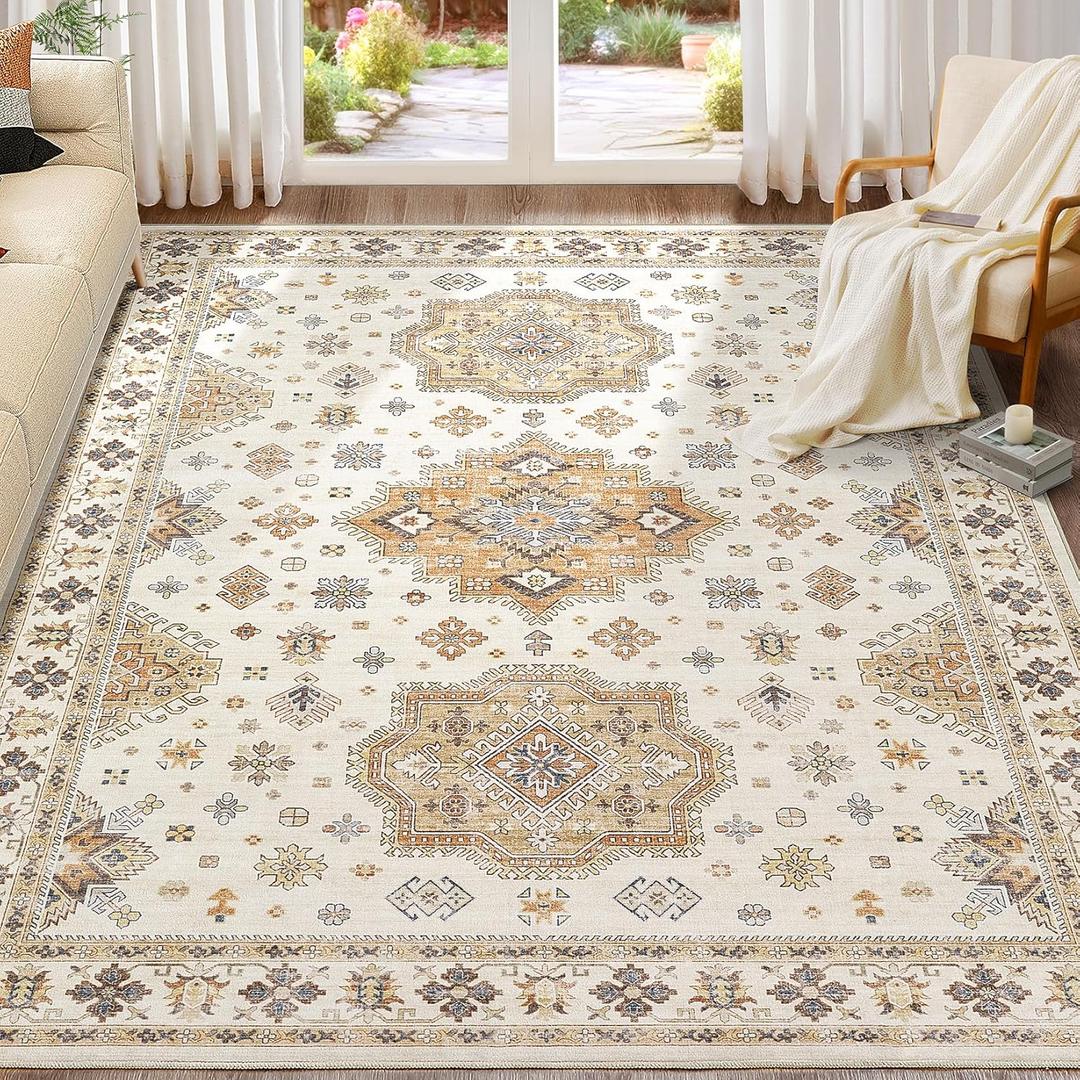Washable Area Rugs for Living Room -9x12 Neutral Vintage Distressed Floral Farmhouse Boho Large Soft Floor Rug Indoor Non Slip Carpet for Living Room Bedroom Dining Room Office - Orange/Yellow/Beige