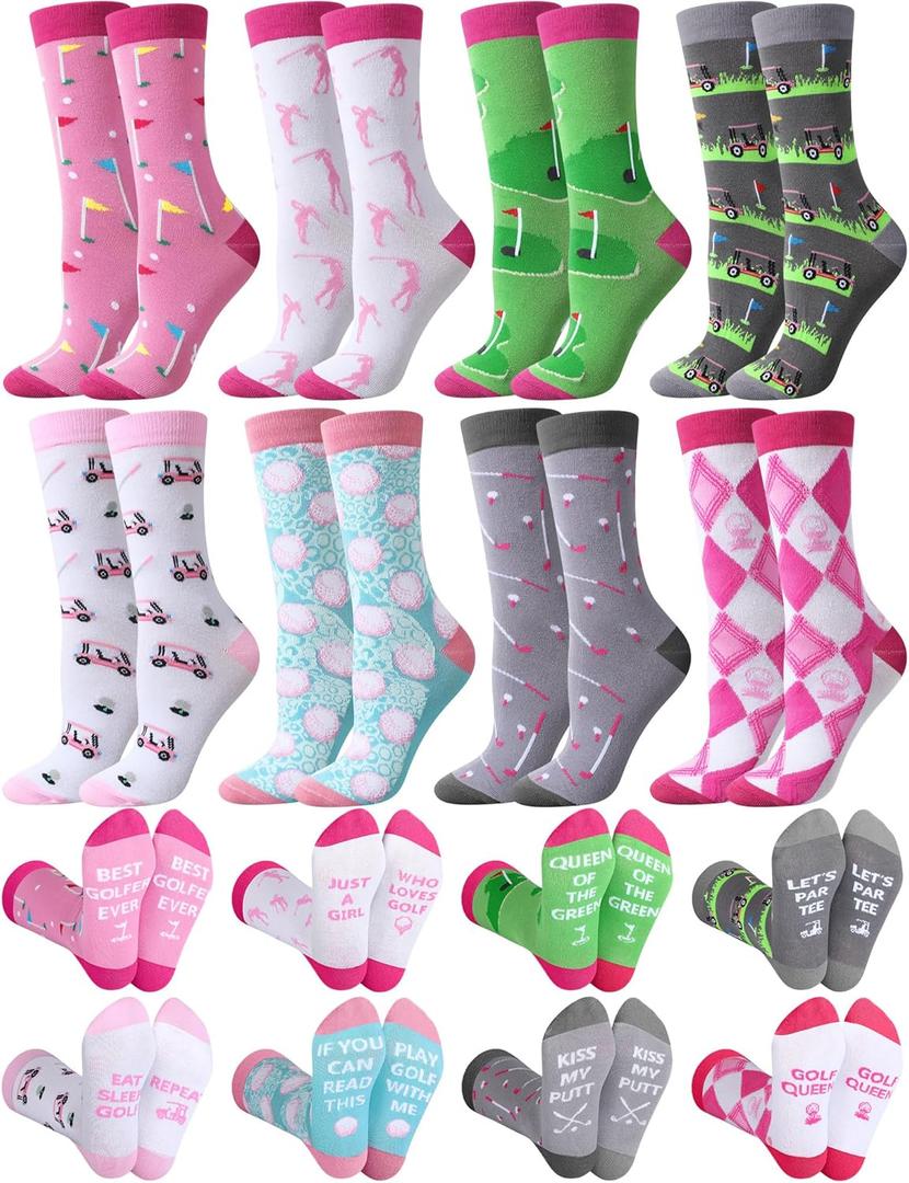 Patelai 8 Pairs Women Golf Socks Golf Theme Crew Socks Novelty Casual Sport Accessories for Women Golfers