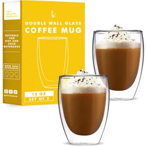 Kitchables Double Walled Glass Coffee Mugs Set of 2,12oz - Insulated Clear Coffee Mug for Cappuccino, Latte, Tea, Espresso - Latte cup - Tazas Para Cafe
