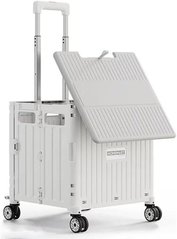 Foldable Utility Cart with Stair Climbing Wheels, Collapsible Rolling Crate with Telescoping Handle, Folding Shopping Trolley Handcart Grocery Book File Tool Teacher Storage Basket (White, 4 Wheels)
