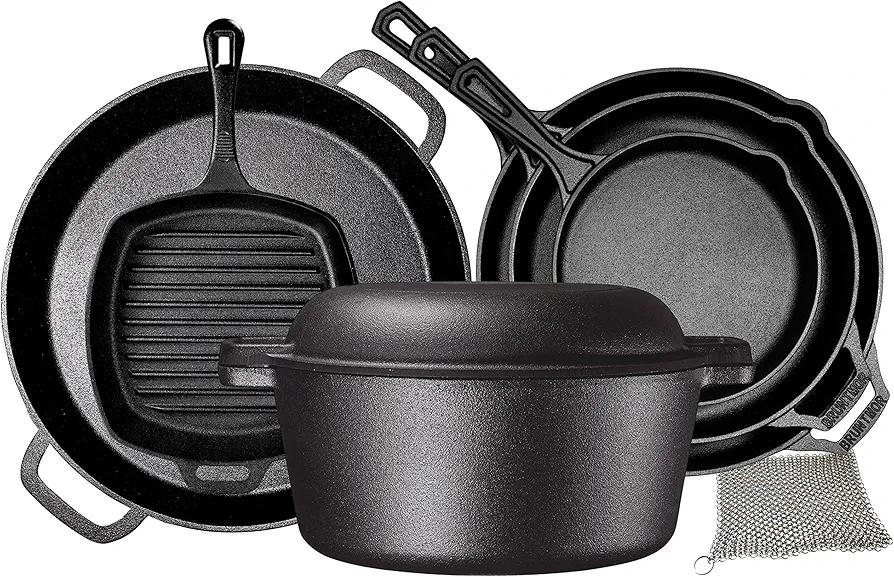 Bruntmor Pre-Seasoned Cast Iron Cookware Set - 7-Piece Bundle with Skillets, Grill Pan, Dutch Oven, Pizza Pan, and Utensils - Durable Pots and Pans Set for Cooking - Ideal Gift for Home or Camping