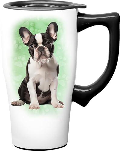 Spoontiques French Bulldog Ceramic Travel Coffee Mug with Lid and Handle - Spill Proof Lid - Double Walled Mug for Hot and Cold Beverages - Microwave and Dishwasher Safe Pack of 2