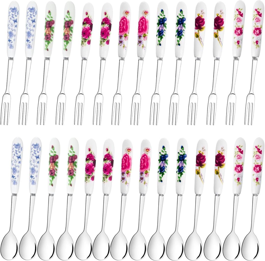 28 PCS Dessert Forks and Spoons Silverware Set with Ceramics Handle,Includes 1PCS Storage Bag,Stainless Steel Mini Coffee,Tea Spoons for Dessert Salad Appetizers