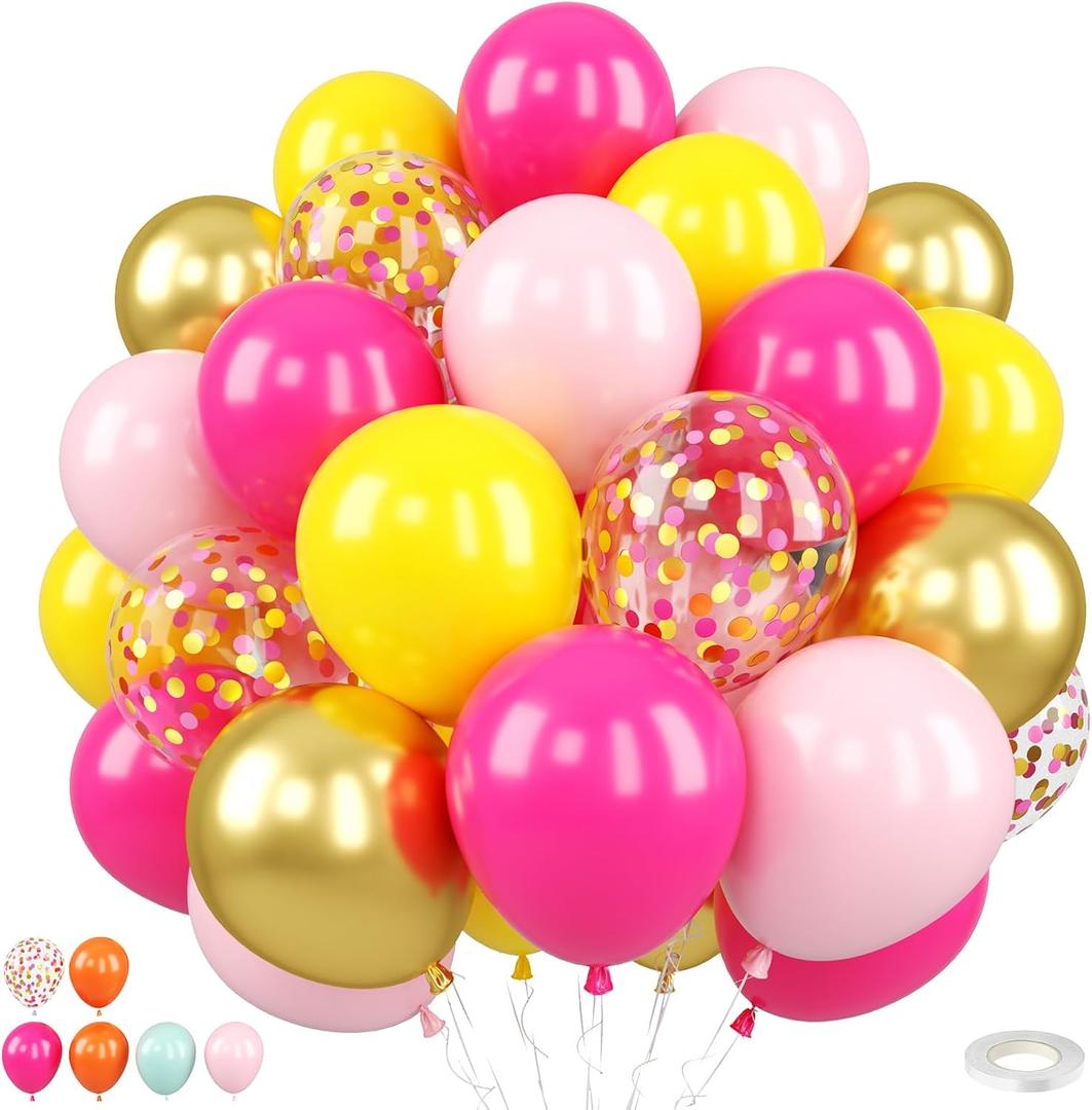 Pink and Yellow Balloons, 50PCS 12 Inch Hot Pink Yellow Metallic Gold Confetti Balloons for Girls Birthday, Baby Shower, Bridal Shower, Wedding, Photo Backdrop Party Decorations