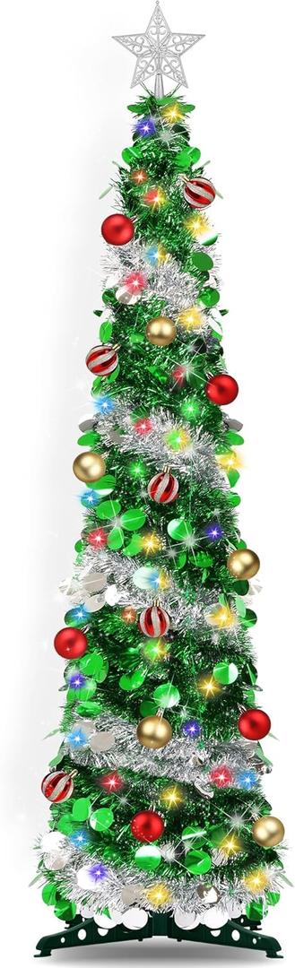 5FT Pop Up Christmas Tree with Timer 60 Warm White & Multi Color Fairy Light 3D Star 15 Ball Ornament, Green Sliver Tinsel Christmas Tree Slim Pencil Xmas Tree Home Office Holiday Decor Indoor Outdoor