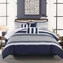 Finlonte King Size Comforter Set 6 Pieces, Navy Blue White Striped Bed Set, 100% Cotton Luxury Fluffy Cozy Comforter with 2 Pillow Shams and 3 Decor Pillow Cover, Modern Quilted Bedding All Season