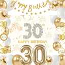 Champagne Gold 30th Birthday Decorations for Her, Happy 30th Birthday Decorations for Women with 30th Birthday Banner Backdrop, Large Number 30 Balloon, Hanging Swirls, Thirty Bday Party Balloons